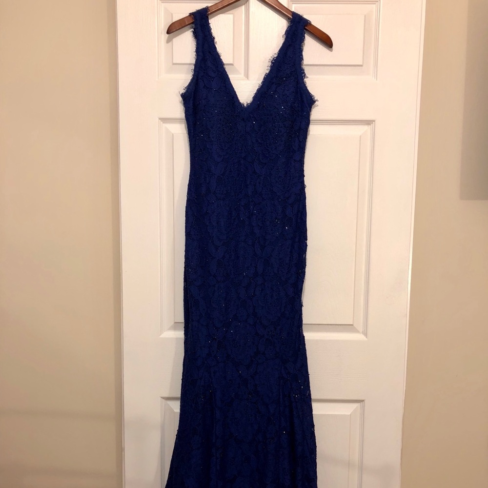 Betsy & Adam navy blue long mermaid lace gown